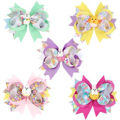 China Wholesale Sweet Easter 4.5 Inch Hair Bow With Egg And Rabbit Hair Bow Clip Children Hair Clip for sale