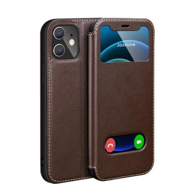 China High Quality Genuine Leather Flip Phone Case For iphone 12Pro 12promax Double Window Cowhide Anti-fall Cases for sale