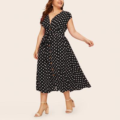 China Viable Summer Women Dress Plus Size Sleeveless Vintage Vestidos Female 2021 Belt Dress High Waist V-neck Dot Floral Print Polka Dot for sale