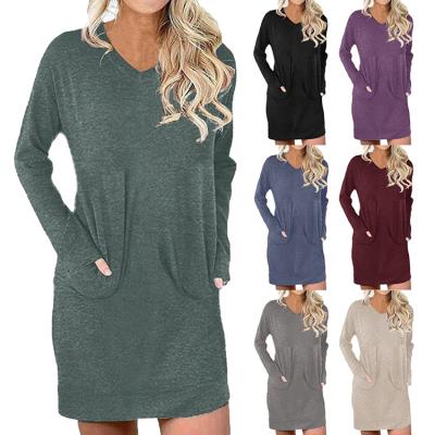 China Autumn Solid Color Ladies Anti-Static V-Neck Long Sleeve Loose Fitted Pockets Pullover Casual Women's T-Shirt One-Piece Dresses for sale