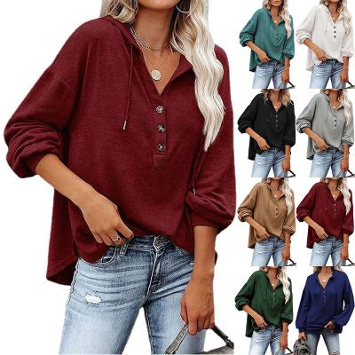 China Anti-pilling Women's V-neck Long Sleeve Loose Casual Sweater Buttoned Drawstring Sports Hoodie for sale