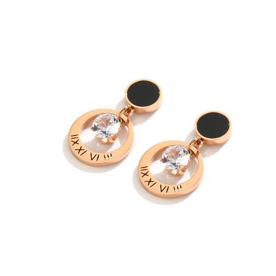 China Rose Gold Color Roman Numeral Zircon Steel Titanium Stud Earrings Oorbellen Female Jewelry Fresh Trendy Stud Earrings for sale