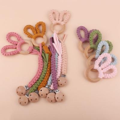 China Natural Eco-Friendly Baby Teether Set Wooden Molar Cotton Woven Dummy Clip Chain Private Label Baby Bunny Ear Teething Ring Toys for sale