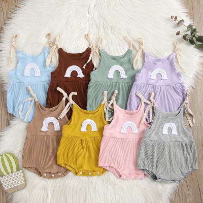 China Wholesale Lace Up Rainbow Summer Newborn Baby Clothes Eco-friendly Breathable Boho Soft Knit Boutique Girls Baby Ribbed Romper for sale