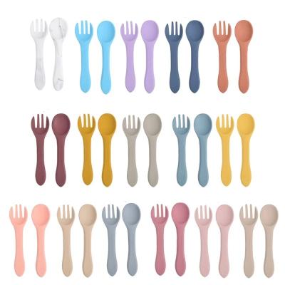 China BPA Free 11 Color Hot Easy Soft Silicone Baby First Training Silicone Tip Spoon Fork Sale Spoon Feeding Set Hot Easy for sale