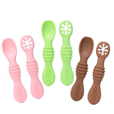 China Early Stage Soft-Tip Baby Spoon Bpa Free Weaning Self Feeding Dipping Utensils Administer Silicone Baby Spoon Set Spoon Fork for sale