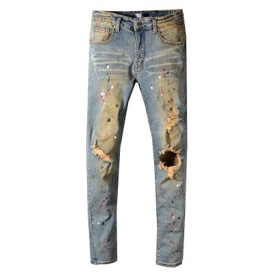 China Blue Plus Size Factory Price Denim Men Distressed Print Jeans Knee Hole Ripped Crush Jeans Pants for sale