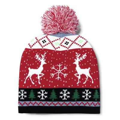 China Acrylic Factories Wholesale Custom Logo With Led Pompom Embroidery Hats Light Up Christmas Beanie Hat for sale