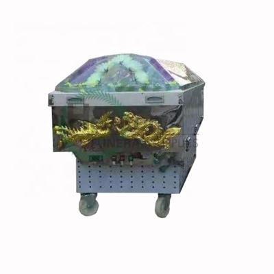 China Hot Selling American Style Burial Clear Cover Freezer Mortuary Air Conditioned Casket For Body Display for sale