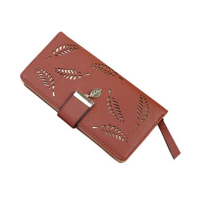 China Fashion Long Waterproof Clutch Bag Hollowing Out Leaf Zipper Sequined Decorative Latch Women Clutch Leather Wallet for sale