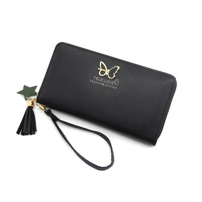 China Fashion Butterfly Wrist Grip Phone Case Money Pocket Wallets Waterproof PU Leather Ladies Pinch Long Women Wallet for sale