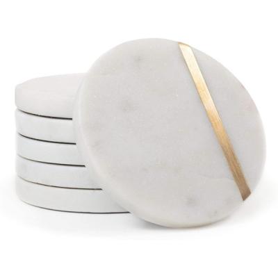 China Sustainable hot sale unique design natural white marble coasters with copper metal for chest cup for sale