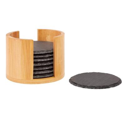 China Sustainable 8 natural slate coasters 10 cm round slate coaster in bamboo-rack for sale