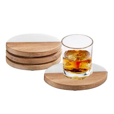 China Sustainable Hot Sale Unique Design Round Shape White Marble And Wooden Coasters For Drinks for sale