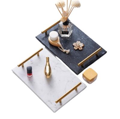 China Restaurant Home Natural Stone Hotel Decoration White Marble Marble Tray With Gold Handles for sale