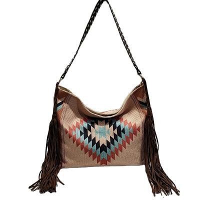 China European And American Woven Multi Color Tote Handbag With Boho Aztec Style Large Capacity Canvas Ladies Fringe for sale