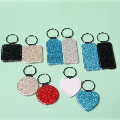 China PU Sublimation Mute Key Glitter Chain Rectangle Round Transfer DIY Leather Keychain PU Heat Key Chain For Craft Supplies Gift for sale