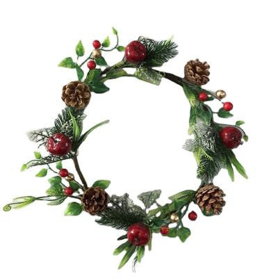 China Artificial Greenery Plastic Holly Cone Pine +iron Wreath With Red Berry for sale