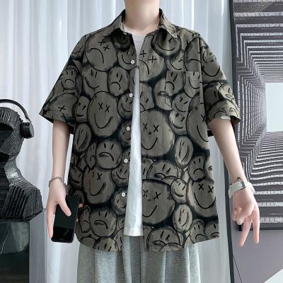 China Smiley Print Summer Beach Hawaiian Shirts Casual Men Streetwear Men Turn-Down Shirt Breathable Collar Short Sleeve for sale