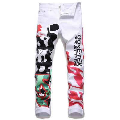 China New Fashion Breathable Men's Jeans Cartoon Graffiti White Stacked Male Jeans Slim Fit Mens HipHop Denim Pants for sale