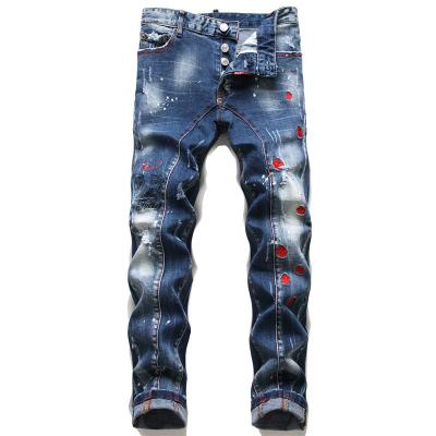 China Mens Jeans Breathable Maple Embroidery Black Leaf Bottom Zipper Slim Fit Pencil Pants Denim Lattice Masculine Men for sale