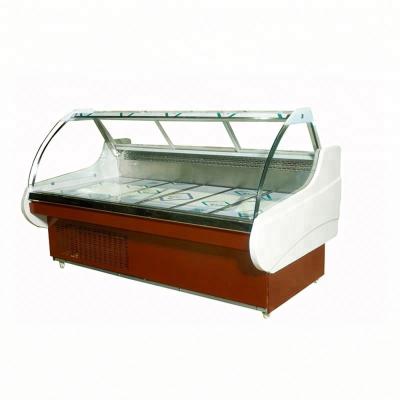 China High Temperature Curved Glass Supermarket Cold Display Showcase For Deli Food / Fresh Meat for sale