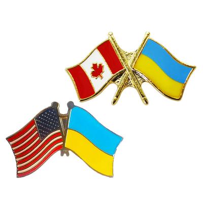 China Europe Custom Zinc Alloy Metal Enamel Lapel Pins Stand With Ukraine Military UA Crossed Flag Badges for sale