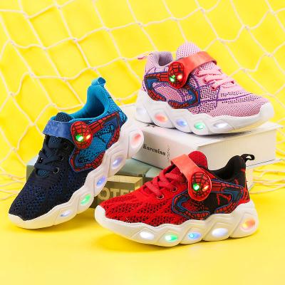 China Breathable Sports Shoes Spiderman Shoes Light Induction Net Fabric Flat Children's Running Shoes for sale