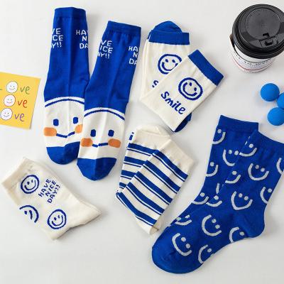 China Breathable Factory Custom Modern Simple Cotton Sock Cute Autumn Winter Blue Series Long Sock For Women for sale