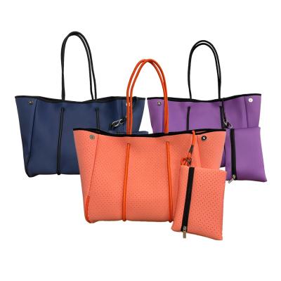 China 2021 Fashion Neoprene Pink Purple Tote Bags Beach Handbag Diaper Bag With Wide Strap for sale