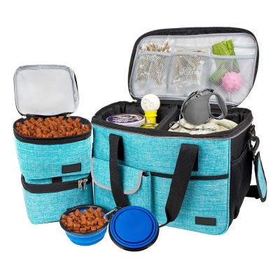 China Multifunctional Foldable Dog Tote Organizer Pet Travel Bag Backpack Food Carrier with Bowls for sale