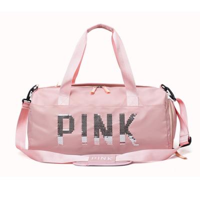 China Durable Travel Tote Cube Pink Women Travel Sport Yoga Gym Bag Glitter Duffle Over Spending One Night Handbag for sale