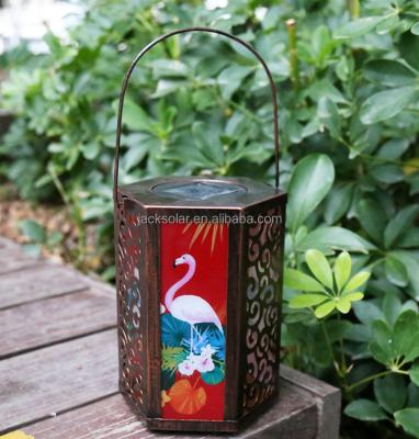 China Garden Metal Body With Glass Pattern Solar Waterproof Patio Garden Led Lantern Outdoor Light Outside Led Outdoor Lantern for sale