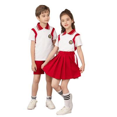 China Color Matching Red And White Color Matching School Uniform Children Kids School Uniform Short Sleeve Sports Costume School Uniform Designs For Boys And Girls Custom Wholesale for sale