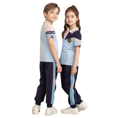 China School uniform children kids school uniform light blue with pants tracksuit pink short sleeve school uniform designs for boys and girls custom wholesale for sale