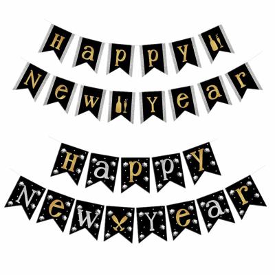 China New Design Happy New Year Paper Banner For Party Decoration Gold Silver Black Hotspots 2022 New Years Products for sale