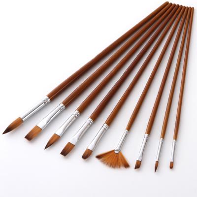 China Two-tone Nylon Artist Brush Set High Quality Wooden Handle 9Pcs Gouache Watercolor Mixing Hair Shape Watercolor Painting Acrylic Oil Painting Brush Set for sale