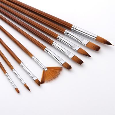 China Two-tone Nylon Artist Brush Set 9Pcs Wooden Handle Professional Acrylic Gouache Watercolor Mixing Hair Shape Oil Painting Brush Set for sale