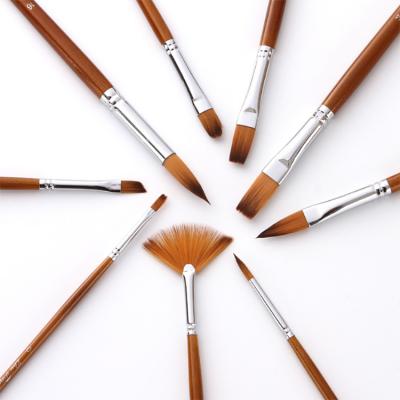 China Two-tone Nylon Artist Brush Set Promotional Acrylic Oil Paint Gouache Watercolor Mixing Hair Shape 9Pcs Wooden Handle Watercolor Paint Set for sale