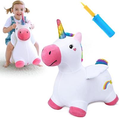 China Cute Kids Gift Activity Riding Bouncy Buddies Unicorn Hopping Horse Plush Ride On Inflatable Animal Toy Hopper Stuffed Unicorn For Kids for sale