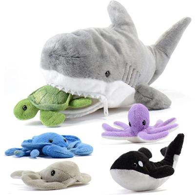 China Kids Toy Gift 23-Inch Plush Stuffed Great White Shark With 5 Pieces Soft Stuffed Sea Animals For Kids for sale