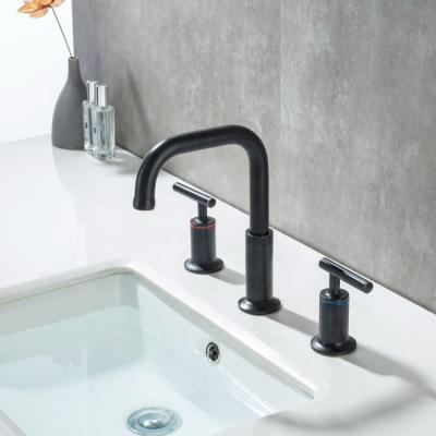 China Black Metered Faucets Brass Faucets Bathroom Mixer Taps Deck Mounted 3 Hole Double Handle Rotate Basin Faucets Hose Torneira Faucets for sale