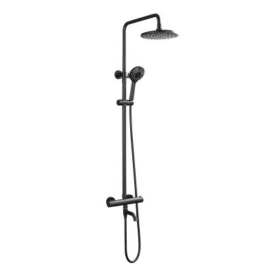 China Classic Sliding Bar Thermostatic Black Brass Round Head Rainfall Shower Set With Sliding Bar for sale