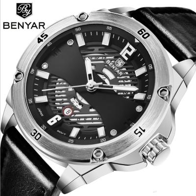 China Herrenuhr Quartz Benyar 5149 Automatic Wrist Watch 3 Date Atmosphere Water Resistant Luxury Genuine Leather Chain Black Watch for sale