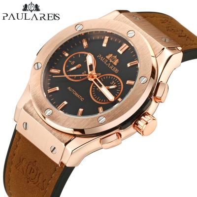 China OEM ODM Paulareis Business Men Self Wind Automatic Mechanical Rubber Strap Rose Gold Case Brown Leather Newest Date Sports Geneve for sale