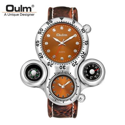 China Oulm 1149 fashion double leather strap design sports high quality military steel watch COMPASS men quartz wrist watch for sale