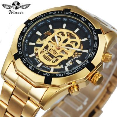 China New WINNER 274 Day/Date Brand Mens Watch Stainless Steel Skeleton Dial Gold Mechanical Strap Top Luxury Luminous Skull Design for sale