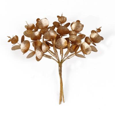 China Modern Artificial Gold Flower 6Pcs Plant Plastic Eucalyptus Leaves Wedding Party Garland Handcraft Floral DIY Home Decor Flowers for sale