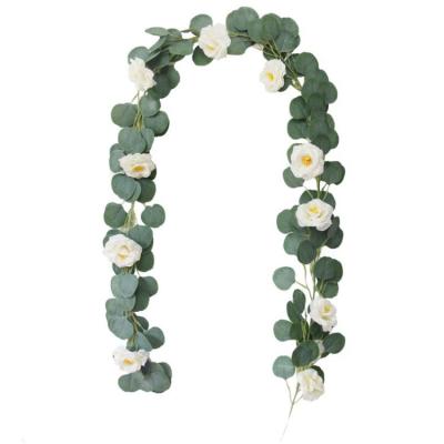 China Artificial Greenery Eucalyptus Vines Silk Garland With Rose Flowers Faux Natural Touch Eucalyptus Leaves Garland For Wedding Wall Decor for sale