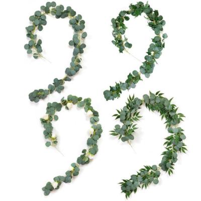 China Wholesale Silk Eucalyptus Garland With Flowers Artificial Eucalyptus Willow Leaves Garland Plant For natural touch wedding home decoration for sale